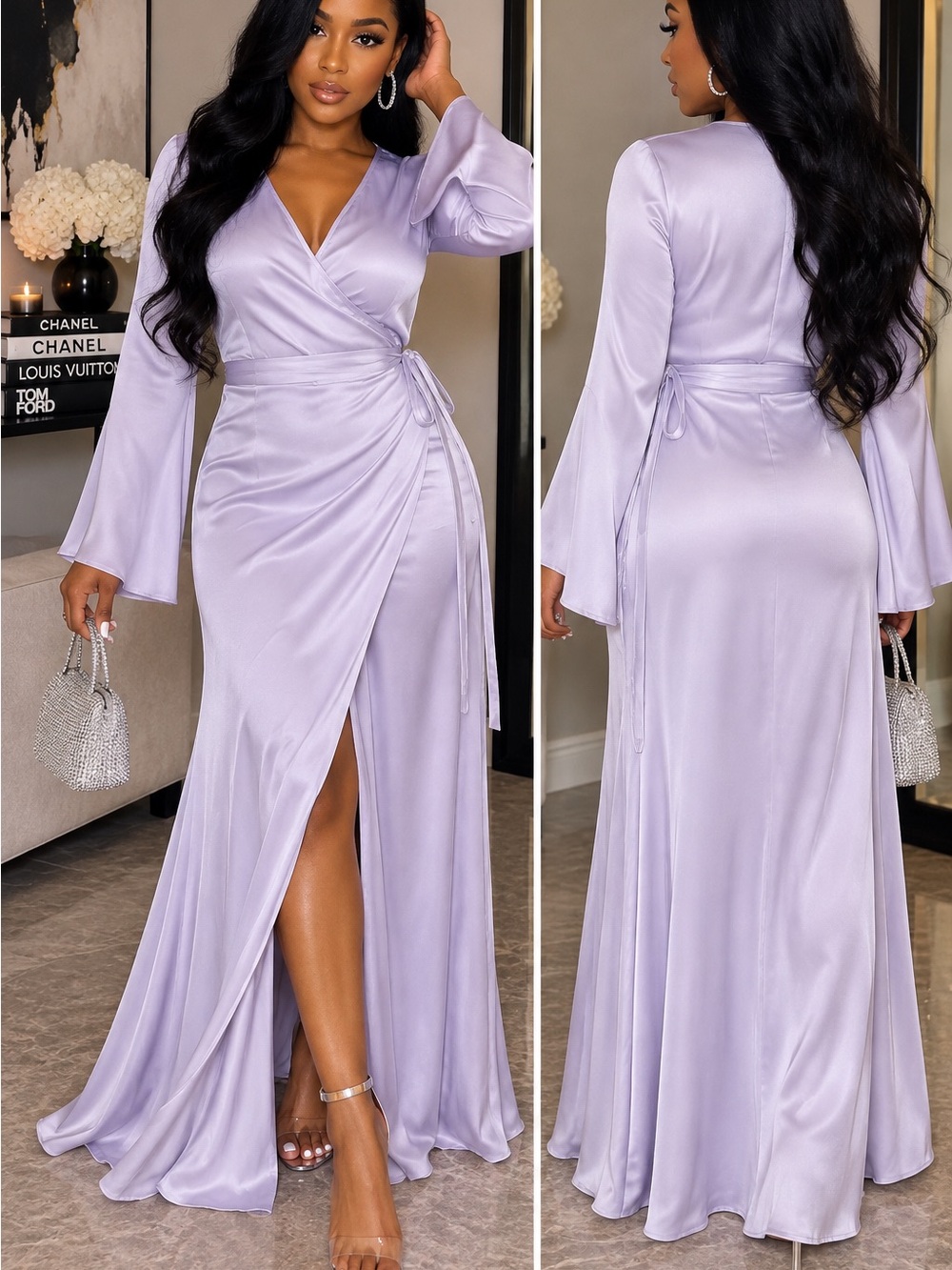 ASOS Lavender Satin Wrap Maxi Dress with Side Slit